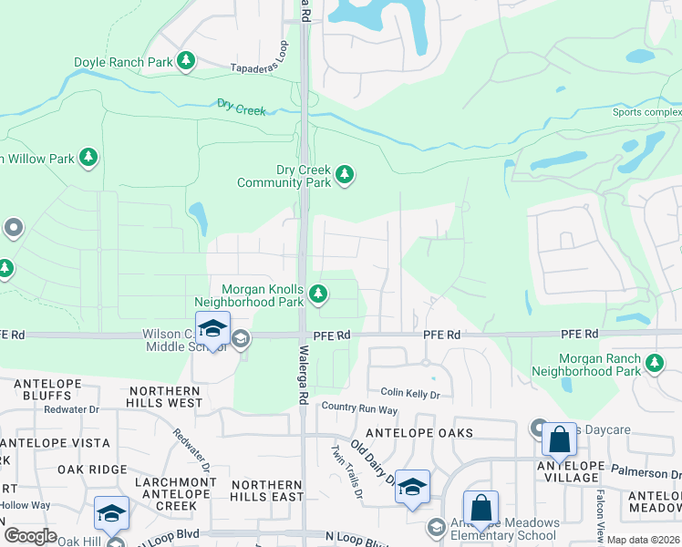 map of restaurants, bars, coffee shops, grocery stores, and more near 4485 Seabiscuit Drive in Roseville