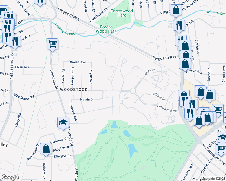 map of restaurants, bars, coffee shops, grocery stores, and more near 7301 Woodstock Road in Ferguson