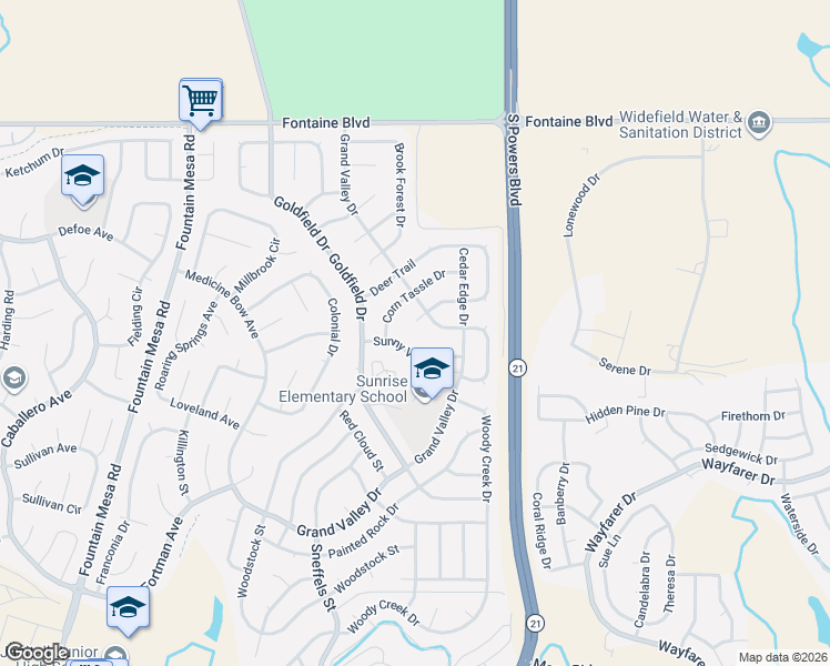map of restaurants, bars, coffee shops, grocery stores, and more near 6980 Blue River Way in Colorado Springs