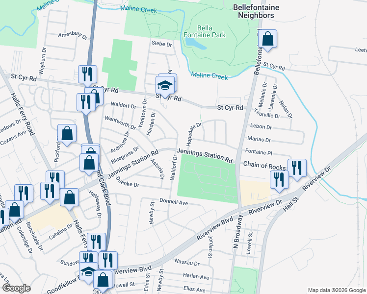 map of restaurants, bars, coffee shops, grocery stores, and more near 9213 Hopedale Drive in St. Louis