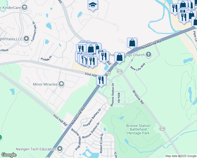 map of restaurants, bars, coffee shops, grocery stores, and more near 11703 Fitzgerald Way in Bristow