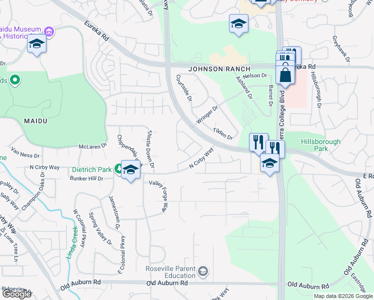 map of restaurants, bars, coffee shops, grocery stores, and more near 2903 Alder Point Drive in Roseville