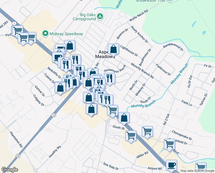 map of restaurants, bars, coffee shops, grocery stores, and more near 18642 Snowmass Run South in Rehoboth Beach