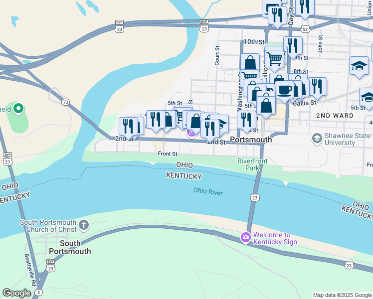 map of restaurants, bars, coffee shops, grocery stores, and more near 510 2nd Street in Portsmouth
