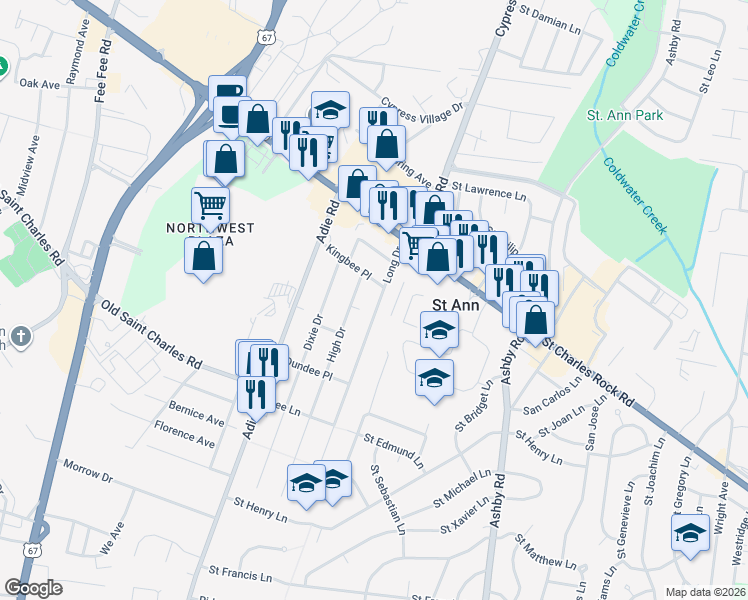 map of restaurants, bars, coffee shops, grocery stores, and more near 3737 Long Drive in Saint Ann