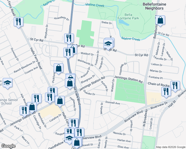 map of restaurants, bars, coffee shops, grocery stores, and more near 1134 Astoria Drive in St. Louis