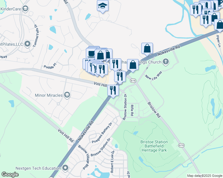 map of restaurants, bars, coffee shops, grocery stores, and more near 11703 Fitzgerald Way in Bristow