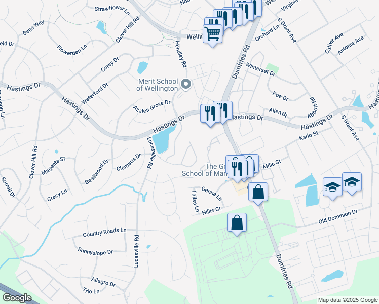 map of restaurants, bars, coffee shops, grocery stores, and more near 10295 Butternut Circle in Manassas