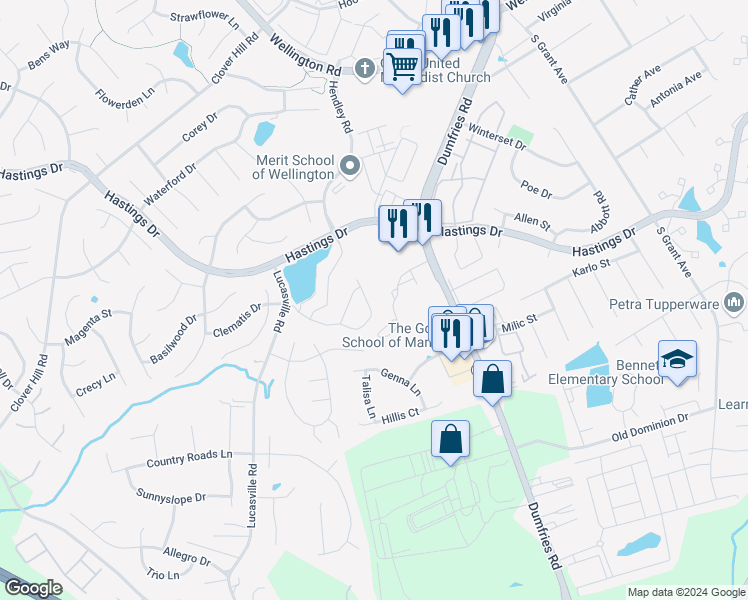 map of restaurants, bars, coffee shops, grocery stores, and more near 10331 Butternut Circle in Manassas