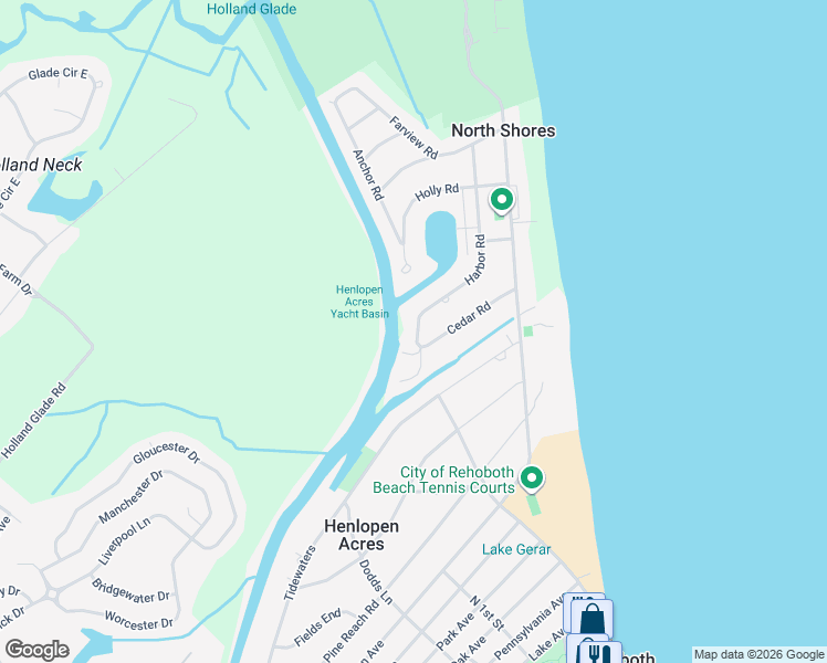 map of restaurants, bars, coffee shops, grocery stores, and more near 9 Harbor Road in Rehoboth Beach