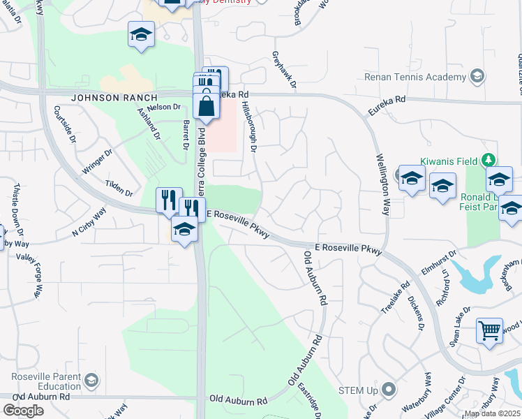 map of restaurants, bars, coffee shops, grocery stores, and more near 1985 East Roseville Parkway in Roseville