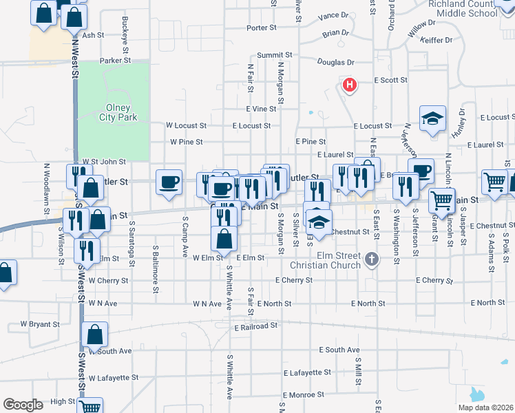 map of restaurants, bars, coffee shops, grocery stores, and more near 308 East Main Street in Olney