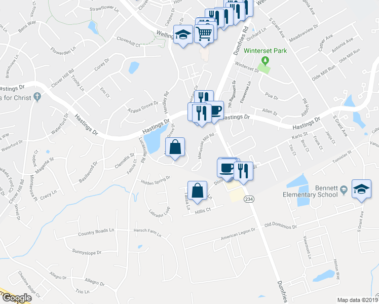 map of restaurants, bars, coffee shops, grocery stores, and more near 10331 Butternut Circle in Manassas