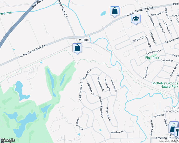map of restaurants, bars, coffee shops, grocery stores, and more near 12026 Wesford Drive in Maryland Heights