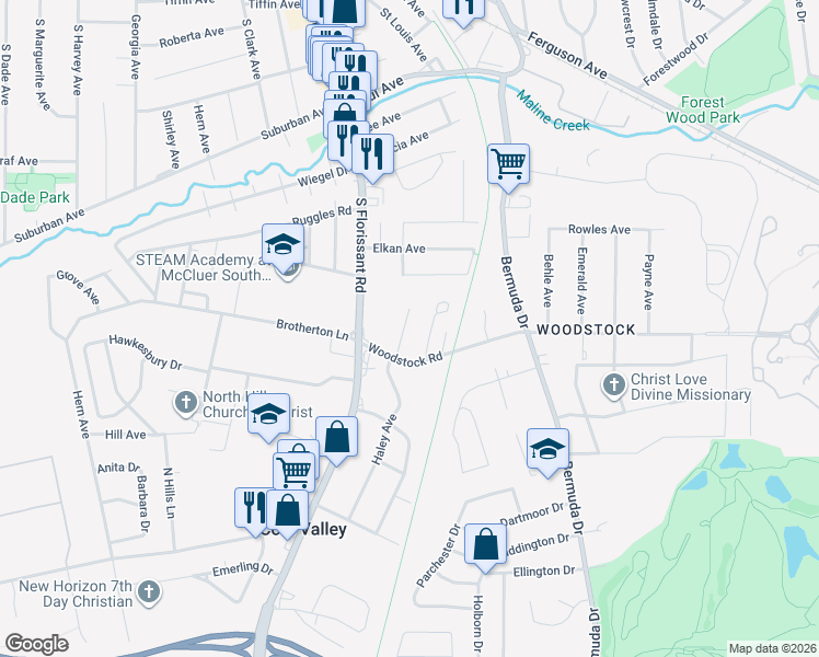 map of restaurants, bars, coffee shops, grocery stores, and more near 1029 Willmann Court in Ferguson