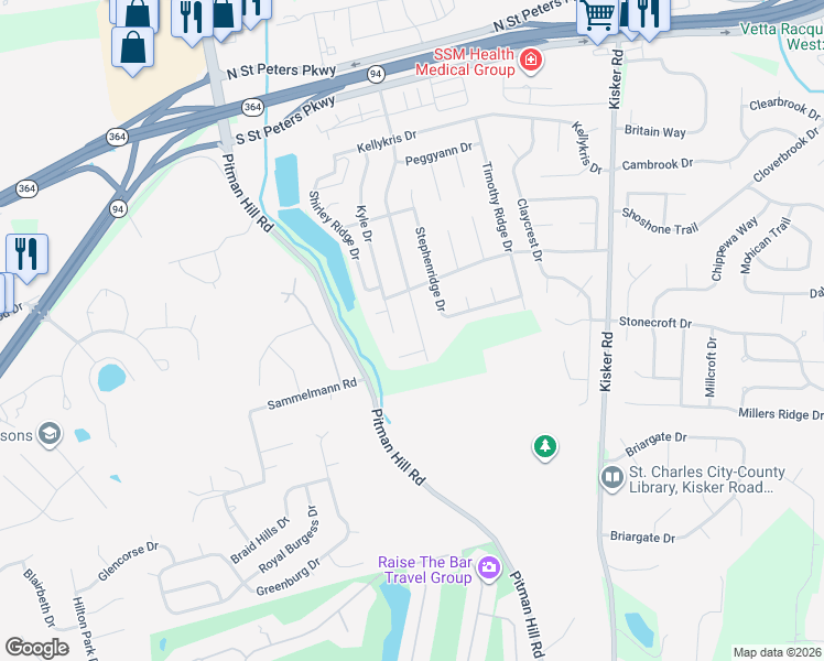 map of restaurants, bars, coffee shops, grocery stores, and more near 1287 Robertridge Drive in Saint Charles