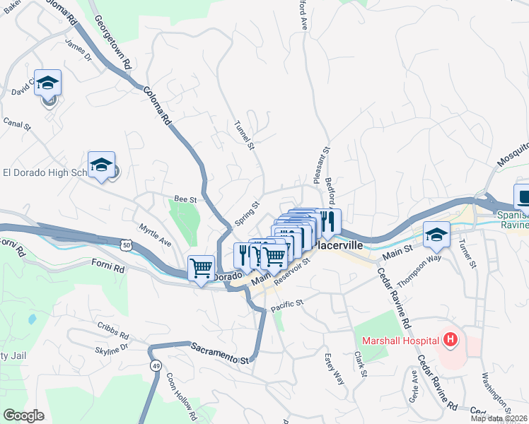 map of restaurants, bars, coffee shops, grocery stores, and more near 891 Cottage Street in Placerville