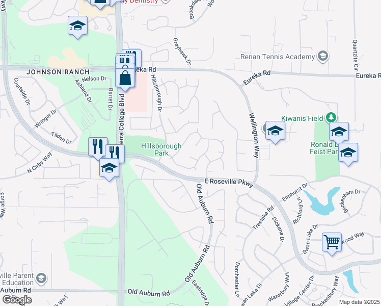map of restaurants, bars, coffee shops, grocery stores, and more near 120 Heaton Court in Roseville