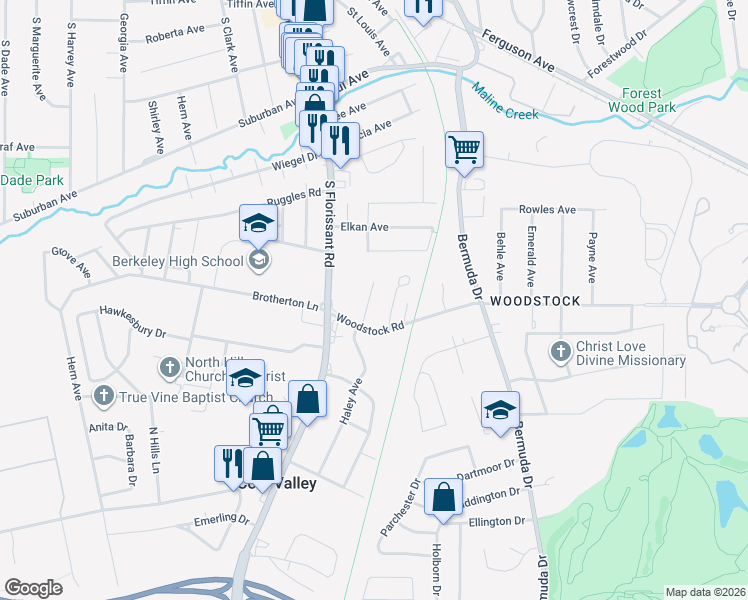 map of restaurants, bars, coffee shops, grocery stores, and more near 1029 Willmann Court in Ferguson