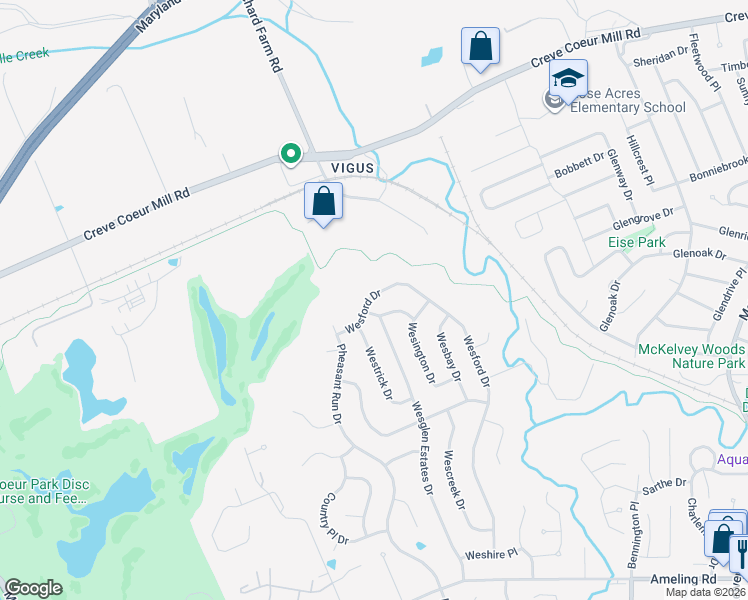 map of restaurants, bars, coffee shops, grocery stores, and more near 12026 Wesford Drive in Maryland Heights