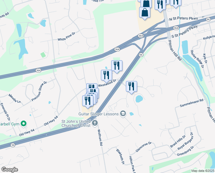 map of restaurants, bars, coffee shops, grocery stores, and more near 1120 Wolfrum Road in Weldon Spring