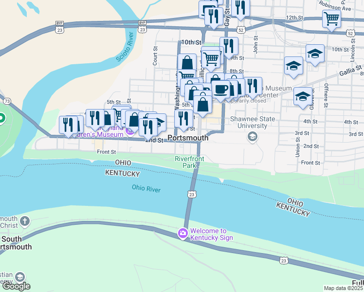 map of restaurants, bars, coffee shops, grocery stores, and more near 716 2nd Street in Portsmouth