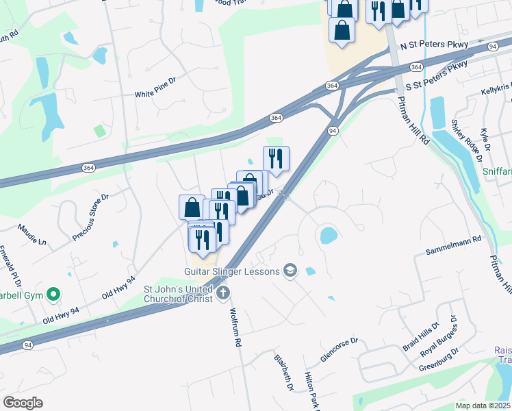 map of restaurants, bars, coffee shops, grocery stores, and more near 1120 Wolfrum Road in Weldon Spring
