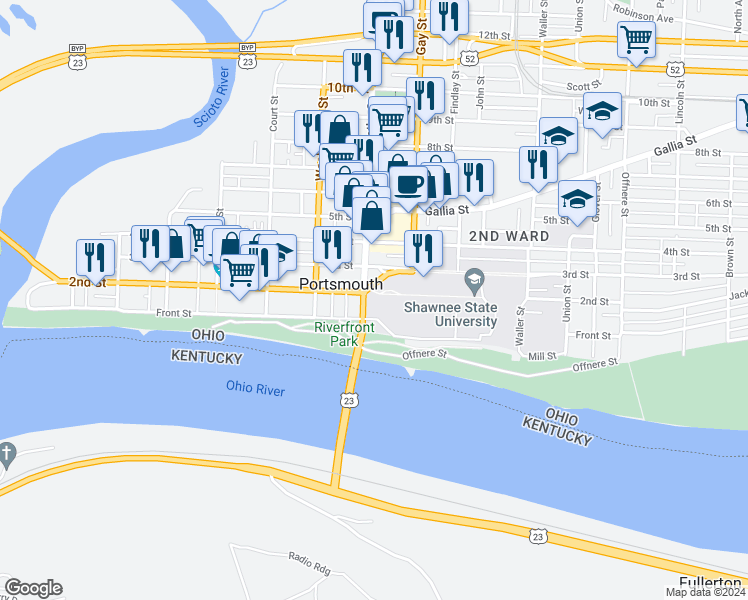 map of restaurants, bars, coffee shops, grocery stores, and more near 1986 Chillicothe Street in Portsmouth