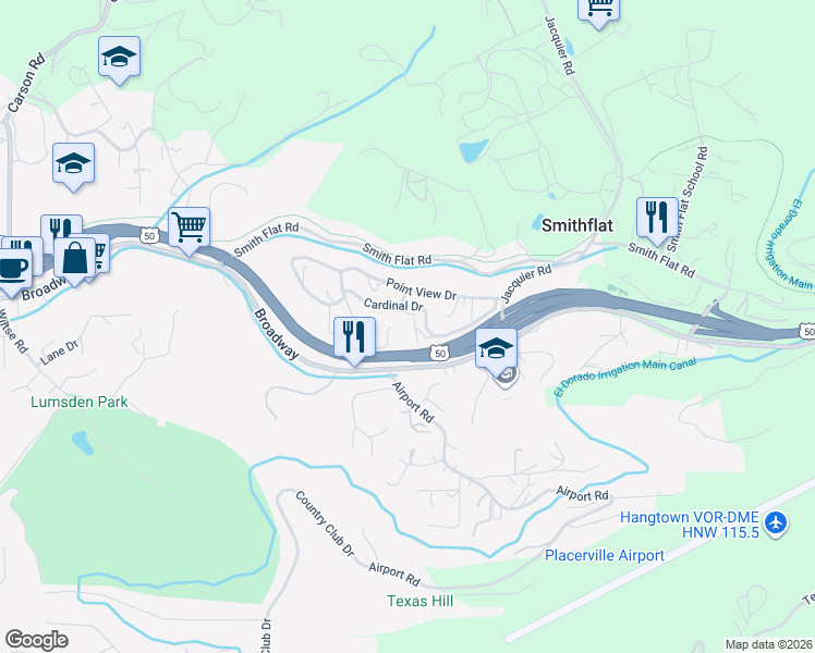 map of restaurants, bars, coffee shops, grocery stores, and more near 2998 Letitia Avenue in Placerville