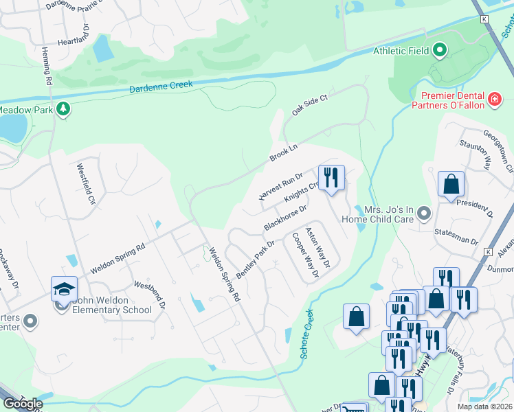 map of restaurants, bars, coffee shops, grocery stores, and more near 9004 Harvest Run Drive in O'Fallon