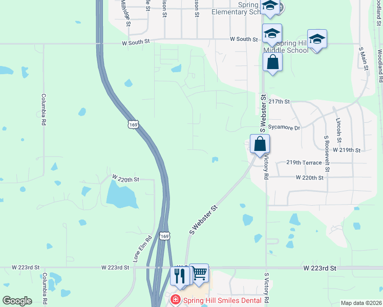 map of restaurants, bars, coffee shops, grocery stores, and more near 21303 West 219th Street in Spring Hill