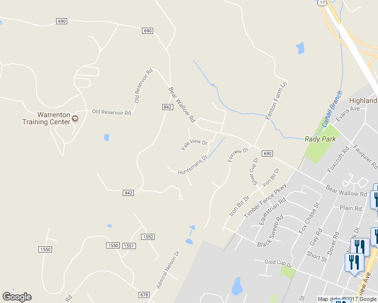 map of restaurants, bars, coffee shops, grocery stores, and more near 7427 Vale View Drive in Warrenton