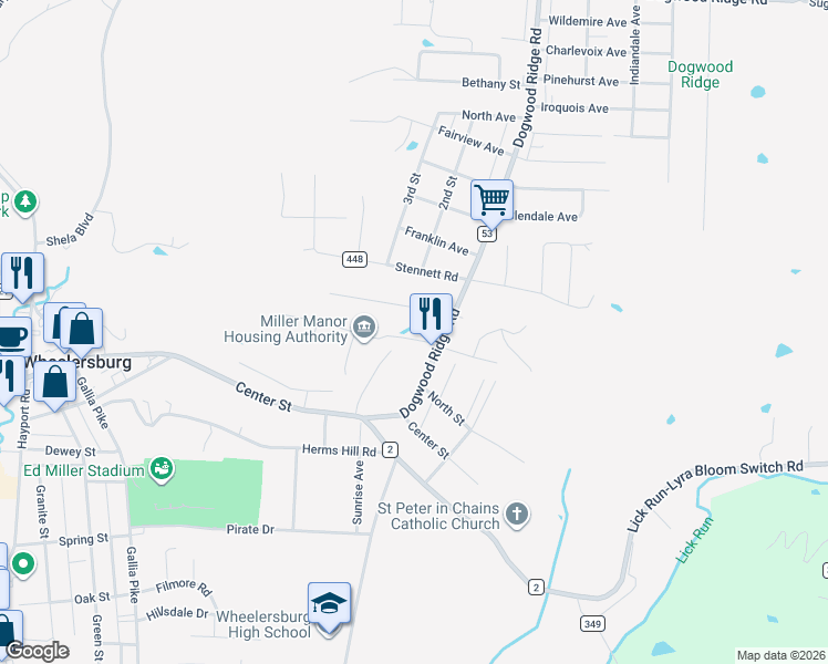 map of restaurants, bars, coffee shops, grocery stores, and more near 54 Kinker Drive in Wheelersburg