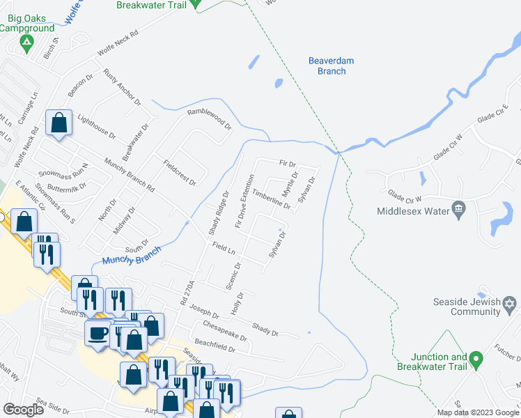 map of restaurants, bars, coffee shops, grocery stores, and more near 36337 Hemlock Lane in Rehoboth Beach
