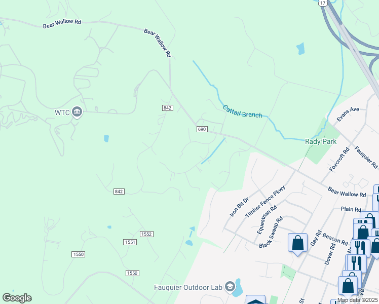 map of restaurants, bars, coffee shops, grocery stores, and more near 7427 Vale View Drive in Warrenton