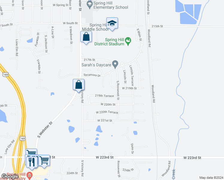 map of restaurants, bars, coffee shops, grocery stores, and more near 21291 219th Street in Spring Hill