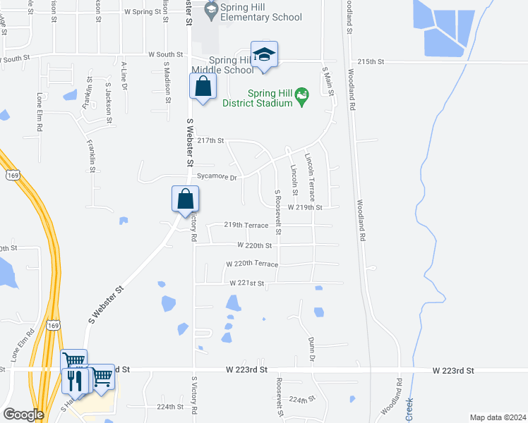 map of restaurants, bars, coffee shops, grocery stores, and more near 21309 219th Street in Spring Hill
