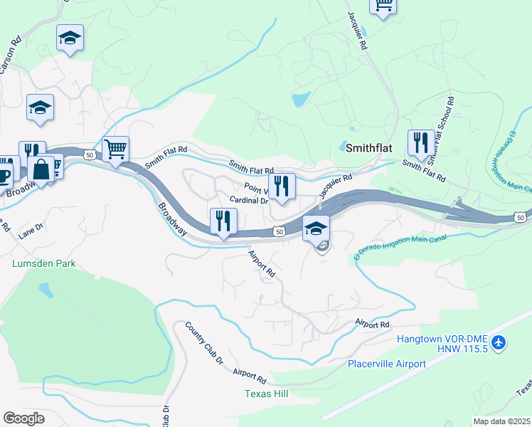 map of restaurants, bars, coffee shops, grocery stores, and more near 2998 Letitia Avenue in Placerville
