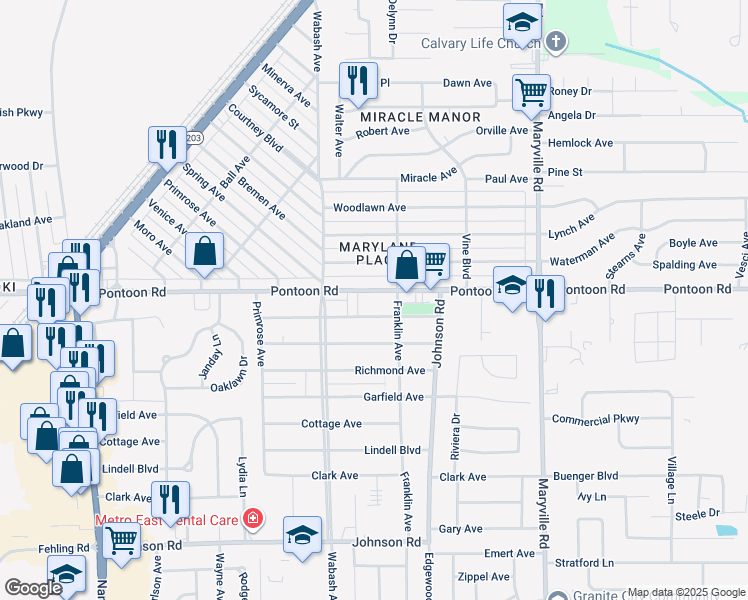 map of restaurants, bars, coffee shops, grocery stores, and more near 2158 Pontoon Road in Granite City
