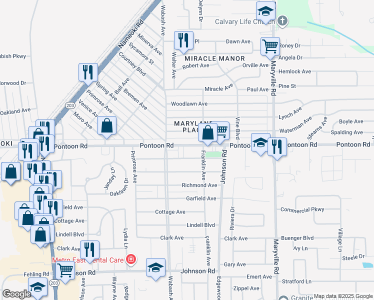 map of restaurants, bars, coffee shops, grocery stores, and more near 2158 Pontoon Road in Granite City