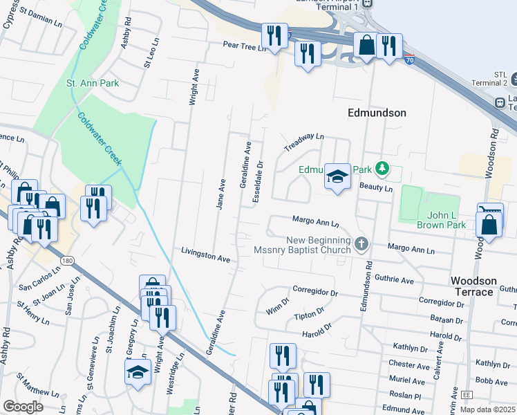 map of restaurants, bars, coffee shops, grocery stores, and more near 4007 Esseldale Drive in Saint Ann