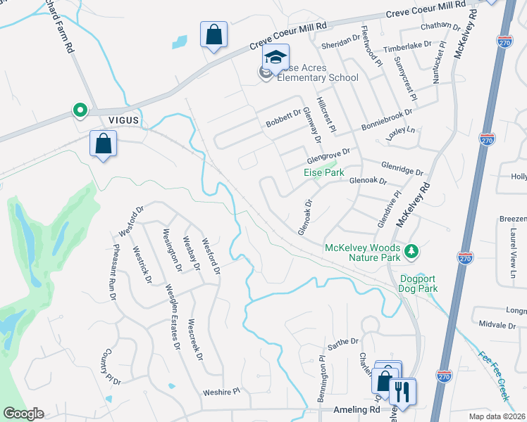 map of restaurants, bars, coffee shops, grocery stores, and more near 12109 Glenpark Drive in Maryland Heights