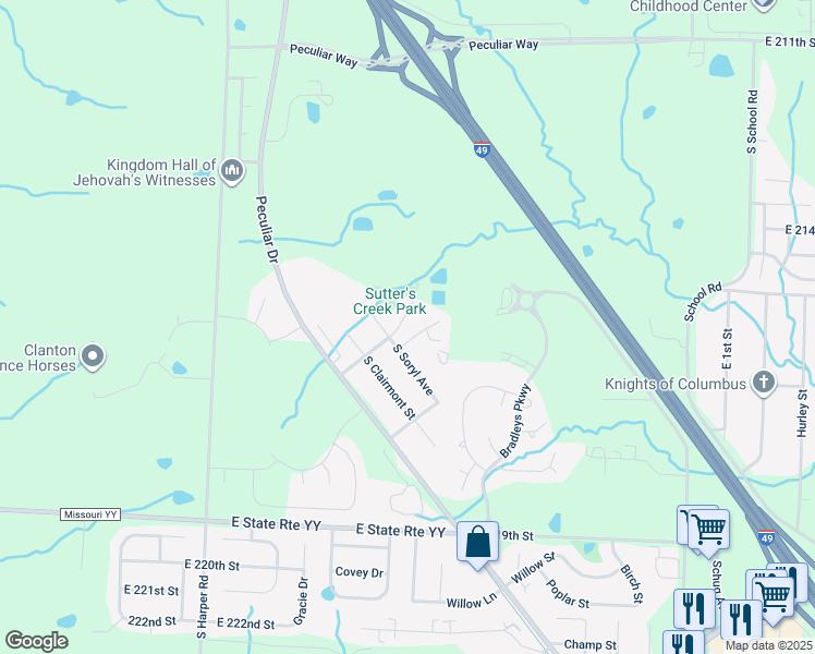 map of restaurants, bars, coffee shops, grocery stores, and more near 10610 Maple Avenue in Peculiar