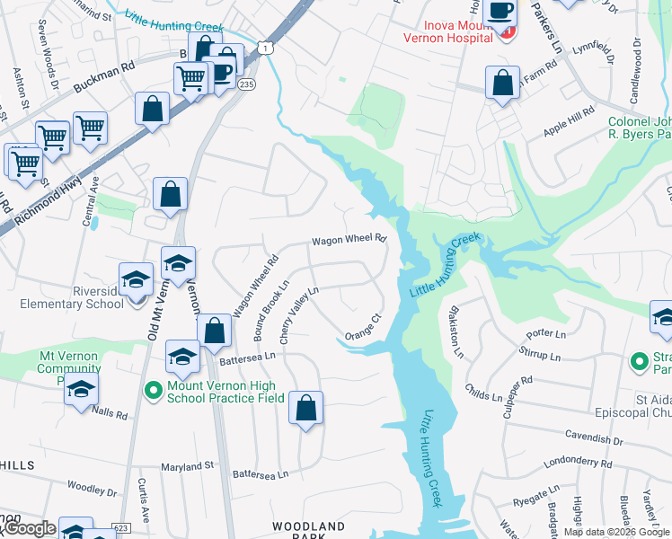 map of restaurants, bars, coffee shops, grocery stores, and more near 8315 Bound Brook Lane in Alexandria
