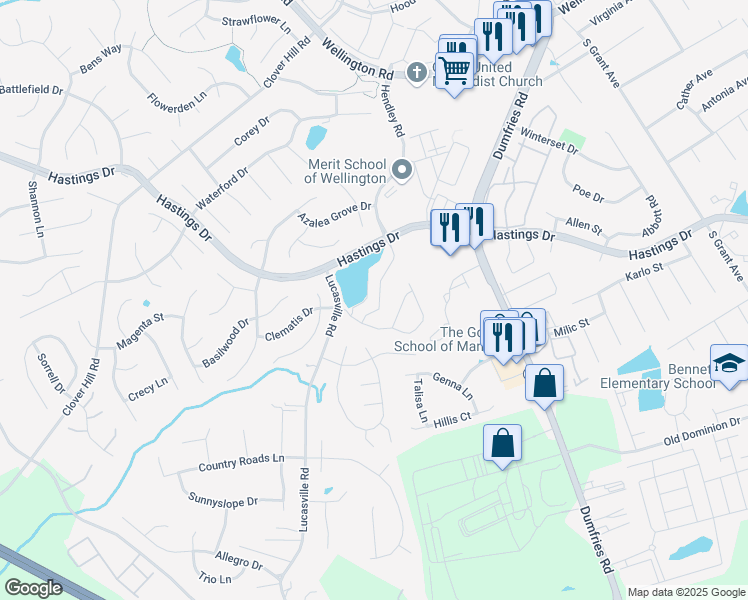 map of restaurants, bars, coffee shops, grocery stores, and more near 10246 Magnolia Grove Drive in Manassas