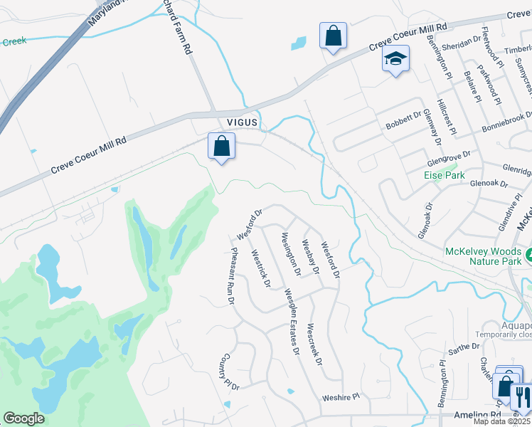 map of restaurants, bars, coffee shops, grocery stores, and more near 12026 Wesford Drive in Maryland Heights