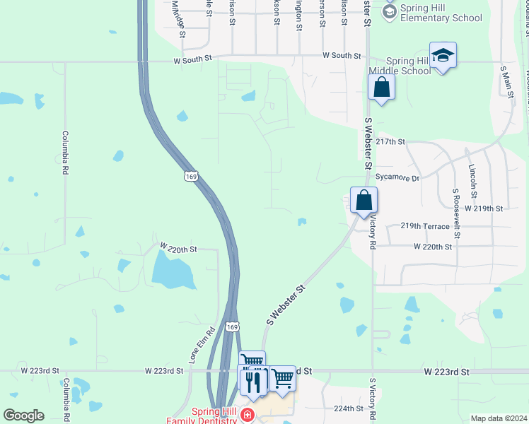 map of restaurants, bars, coffee shops, grocery stores, and more near 21309 West 219th Street in Spring Hill
