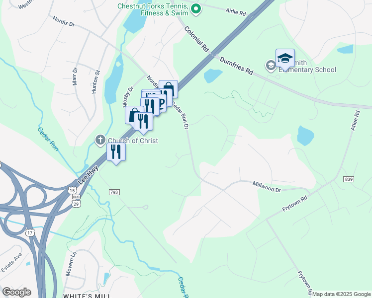 map of restaurants, bars, coffee shops, grocery stores, and more near 7356 Cedar Run Drive in Warrenton