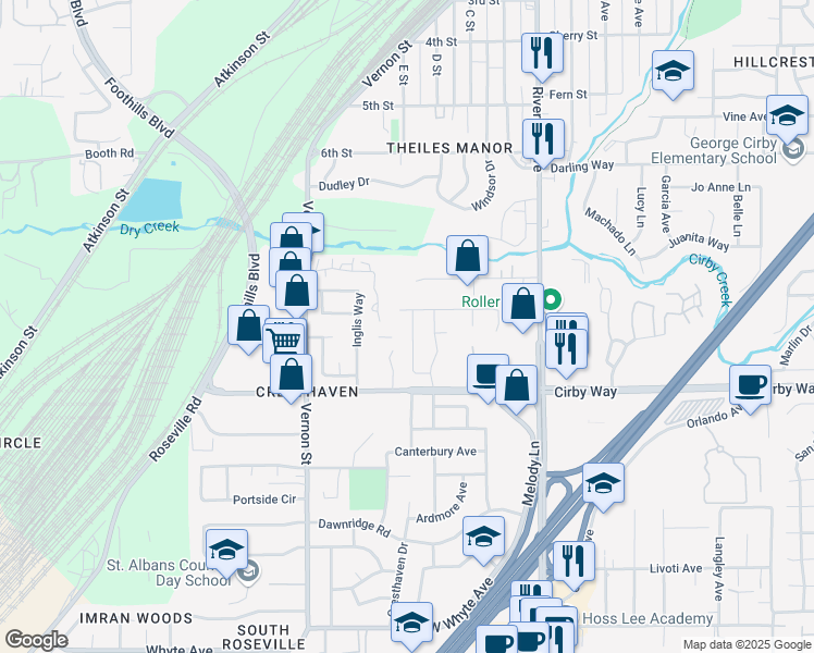 map of restaurants, bars, coffee shops, grocery stores, and more near 1927 Ajay Drive in Roseville