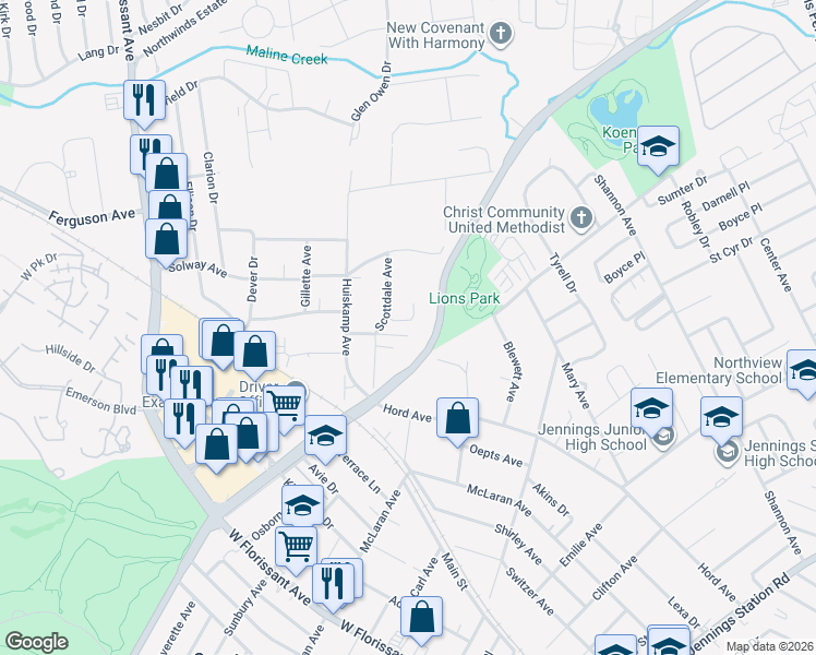 map of restaurants, bars, coffee shops, grocery stores, and more near 2736 Darla Court in Jennings